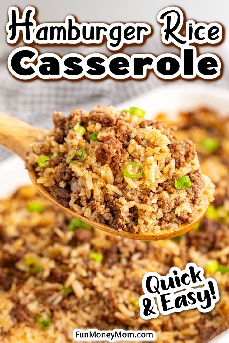 a spoon full of hamburger rice casserole on top of a white plate with green onions