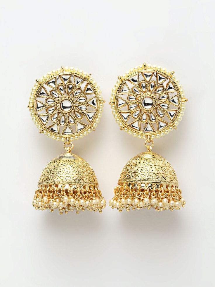 These gorgeous gold-toned round floral jhumki earrings come with kundan stone studs and off-white beads, are gold-plated, and secured with a post and back closure. These handcrafted dome jhumkis can be styled with any traditional outfit, or an evening outfit to complete a captivating look. Product color may vary based on the monitor or screen you are using.See FAQ for more details. Size Length: 8 cm Details Material: BrassStones: Kundan & Artificial BeadsPlating: Gold-plated Gold Chandbali Earrings With Mirror Work, Gold Plated Meenakari Jhumkas For Festivals, Festive Meenakari Gold-plated Jhumkas, Festival Gold Plated Cutdana Jhumkas, Elegant Jhumkas With Mirror Work For Navratri, Festive Heavy Gold-plated Jhumkas, Gold Plated Chandbali Jhumkas For Festivals, Gold-plated Chandbali Jhumkas In Bollywood Style, Festive Gold-plated Chandbali Jhumkas