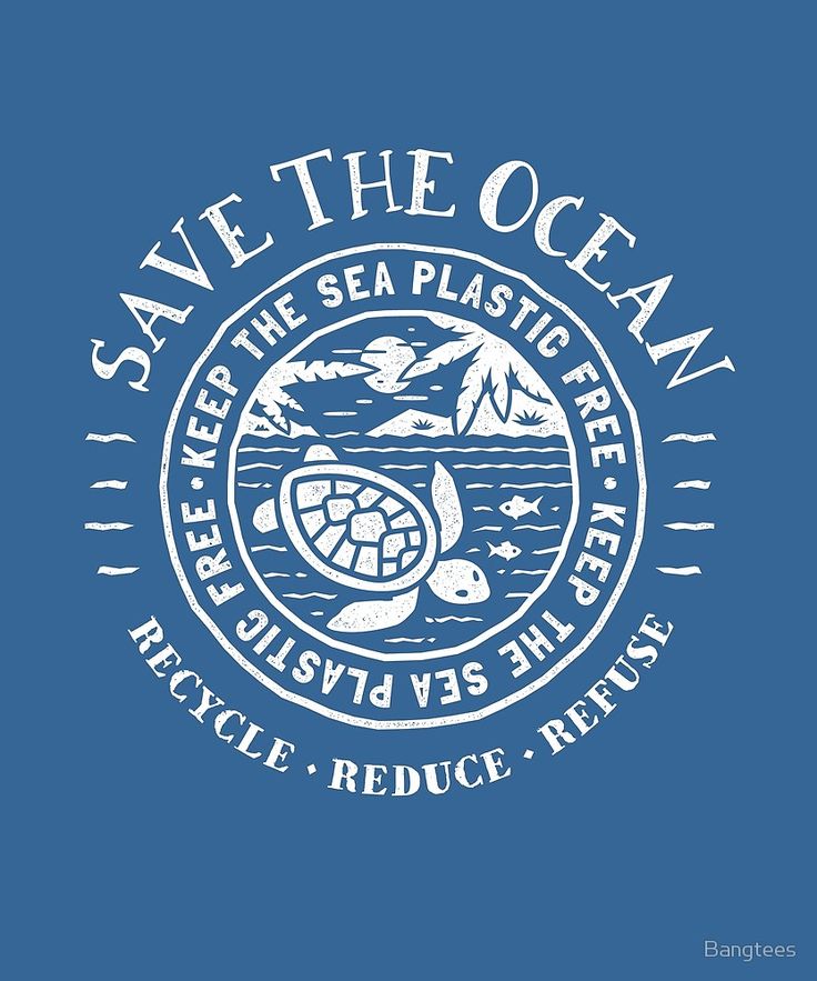 save the ocean t - shirt design with sea turtle and mountains in white on blue