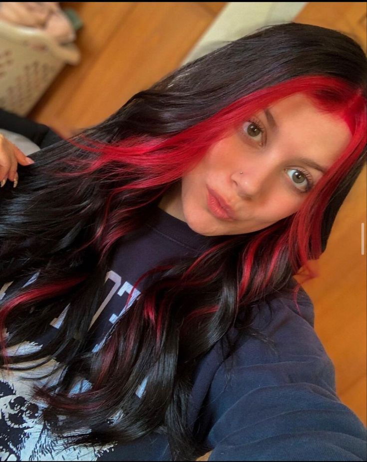 Red Money Piece Hair With Bangs, Black With Red Money Piece Hair, Black Hair With Red Money Piece, Red Money Piece Hair, Red Hair Underneath, Halo Hair Colors, Black Hair With Red Highlights, Black And Red Hair, Two Color Hair