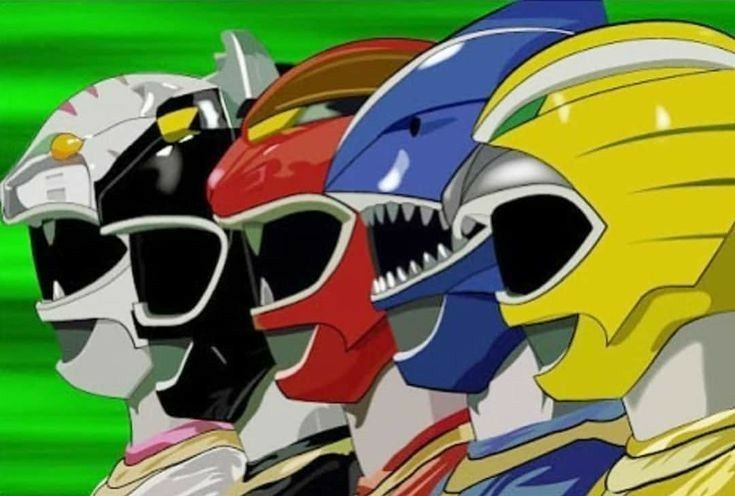 three different colored helmets are lined up against a green background with the words power rangers on it