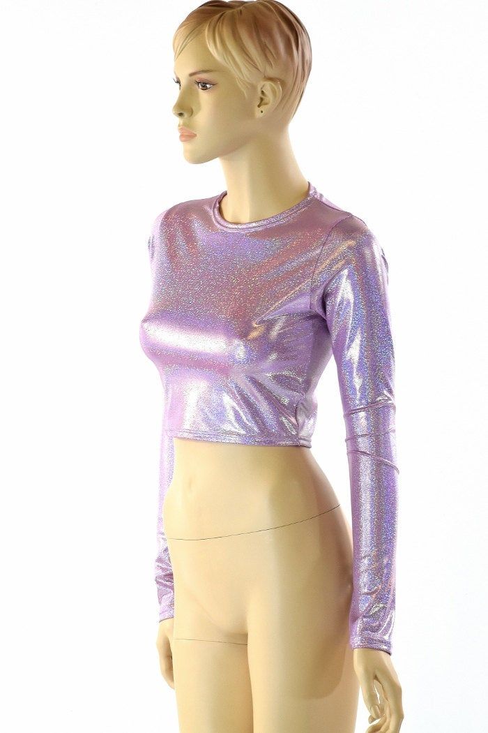 "This item is made to order, please read all the way through the listing before purchasing! Super shiny, sparkling holographic lilac purple spandex. This crop top has a high neckline and long sleeves, and a four way stretch fit. LENGTH: 8\" (from the underarm to the hemline) Womens Sizing (See below for instructions on where measurements should be taken) XXS: Bust 29\"-30\" / Waist 22\"-23\" / Hips 30\"-32\" Extra Small: Bust 31\"-32\" / Waist 24\"-25\" / Hips 33\"-35\" Small: Bust 33\"-34\" / W Purple Holographic, Purple Crop Top, Rave Festival, Lilac Purple, Neck Crop Top, Cropped Tank Top, Long Sleeve Crop Top, Classy Outfits, Womens Clothing Tops