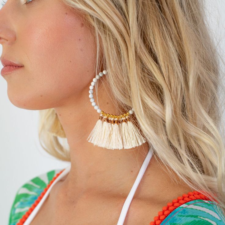 (1) Ivory Tassel Hoop Earrings | Bette Tassel Jewelry For Vacation, Dangle Earrings For Spring Vacation, Bohemian Spring Earrings For Vacation, Spring Vacation Dangle Earrings, Bohemian Hoop Earrings For Beach, Chic Adjustable Hoop Earrings For Summer, Chic Dangle Hoop Earrings For Summer, Chic Small Hoop Summer Earrings, Chic Small Hoop Earrings For Summer