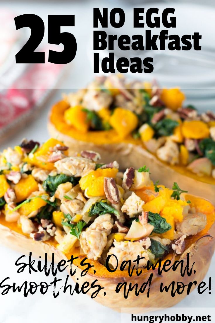 the cover of 25 no egg breakfast ideas, including stuffed pumpkins and spinach