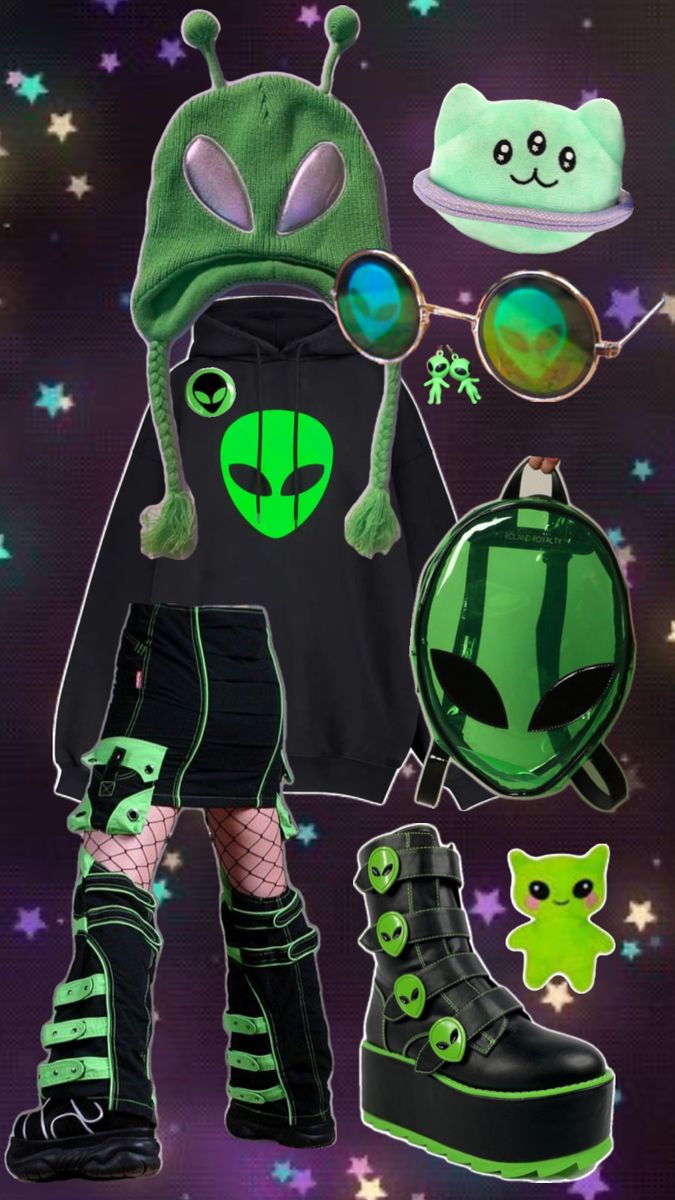 alien ufo inspired outfit pintrest collage outfit ideas Oc Outfits Ideas Drawing, Alien Cosplay Diy, Cool Outfit Aesthetics, Cosmicore Outfits, Animal Inspired Outfits, Silly Outfit Ideas, Cloudcore Outfits, Alien Clothes Aesthetic, 90s Alien Aesthetic