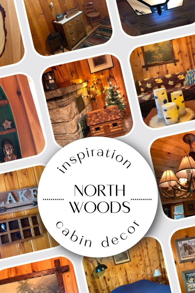 the interior of north woods cabin decor is shown in many different pictures, including wood paneling