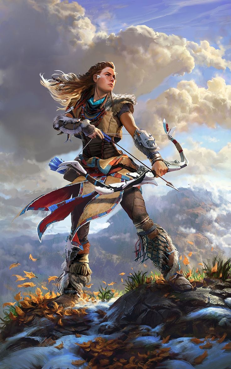 a painting of a woman holding a bow and arrow on top of a hill with clouds in the background