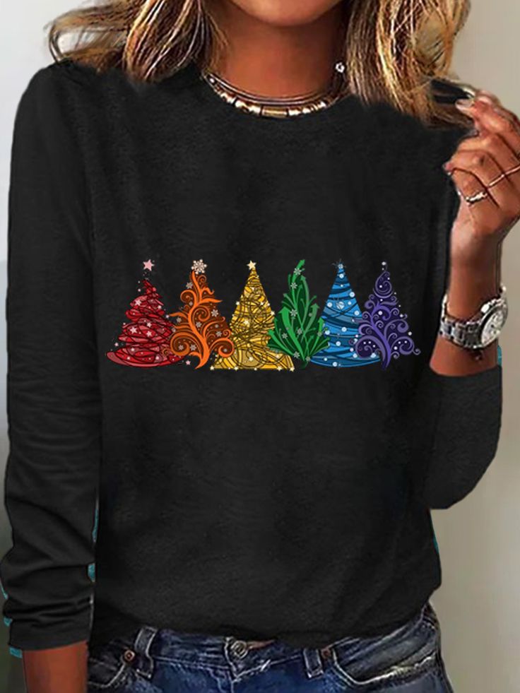 Women's Christmas Tree Cotton-Blend Crew Neck Casual Long Sleeve Shirt Tree Cotton, Womens Christmas Tops, Christmas Long Sleeve Shirts, Graphic Christmas, Cranberry Sauce Recipe, Khaki Style, Teacher T Shirts, Color Block Shirts, Womens Christmas