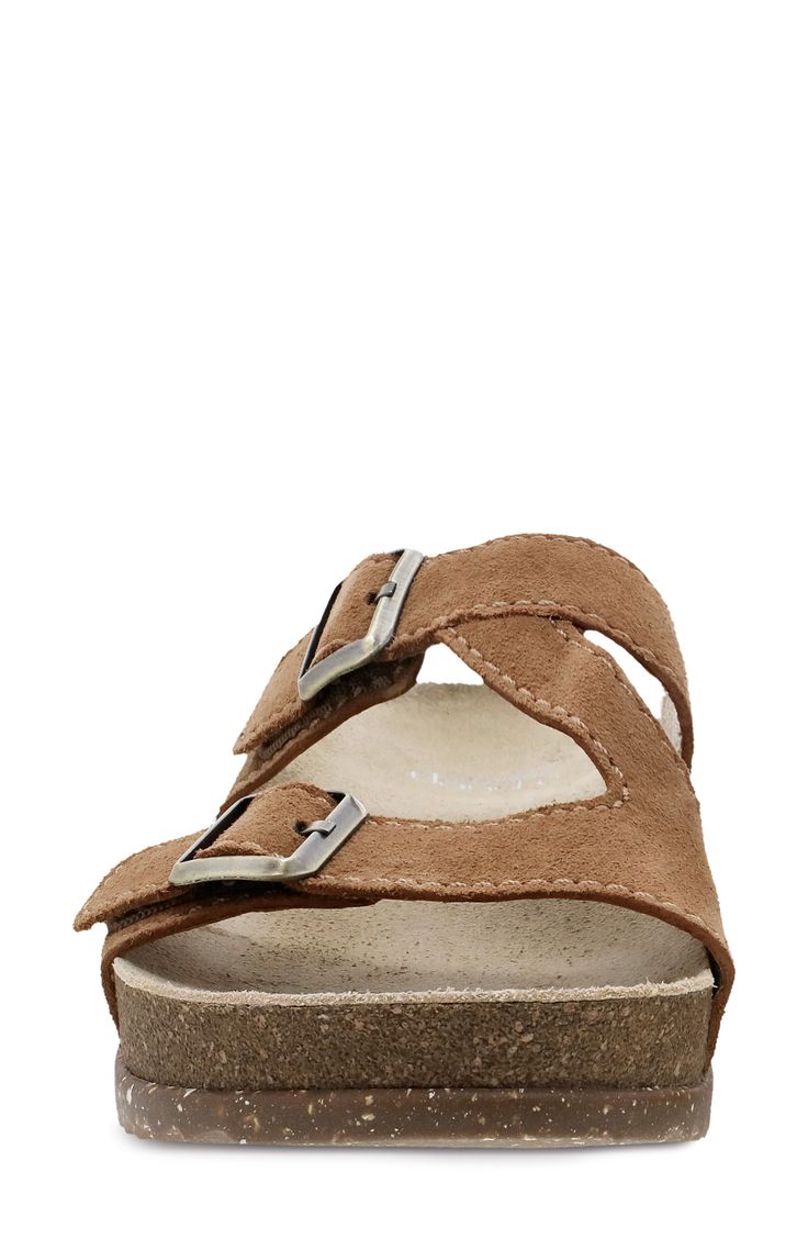 Glossy buckles add subtle shine to the soft suede straps of this casual-chic slide sandal grounded on a cushy, contoured footbed and toothy rubber sole. Lightweight: puts cushioning and performance underfoot with an emphasis on streamlined comfort Cushioning: absorbs impact and distributes weight for consistent, buoyant comfort under each step 1 1/2" heel; 1" platform Leather upper and lining/rubber sole Imported Suede Slip-on Mules With Buckle Closure, Suede Slippers With Buckle Closure And Round Toe, Leather Slip-on Slippers With Buckle Closure, Suede Sandals With Buckle Closure And Round Toe, Suede Slip-on Slippers With Buckle Closure, Spring Suede Footbed Sandals With Buckle Closure, Flat Suede Footbed Sandals With Cork-bed Midsoles, Suede Double Strap Slides With Textured Footbed, Leather Slide Slippers With Buckle