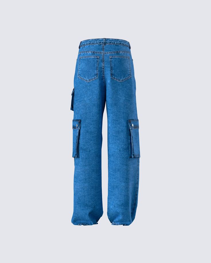 Your everyday style just got an upgrade 💙 Featuring a low-rise, baggy fit and pockets that are perfect for stashing all of your essentials, these blue denim cargo pants will have you turning the streets into your personal runway 👏 Blue Denim Cargo Pants, Denim Cargo Pants, Denim Cargo, Black Off Shoulder, Graphic Top, White Jersey, Cargo Pant, Pocket Pants, Baggy Fits