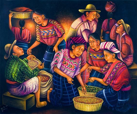 a painting of people sitting around a basket