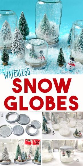 there are snow globes in glass jars with trees and snowmen inside, and the words waterless snow globes below