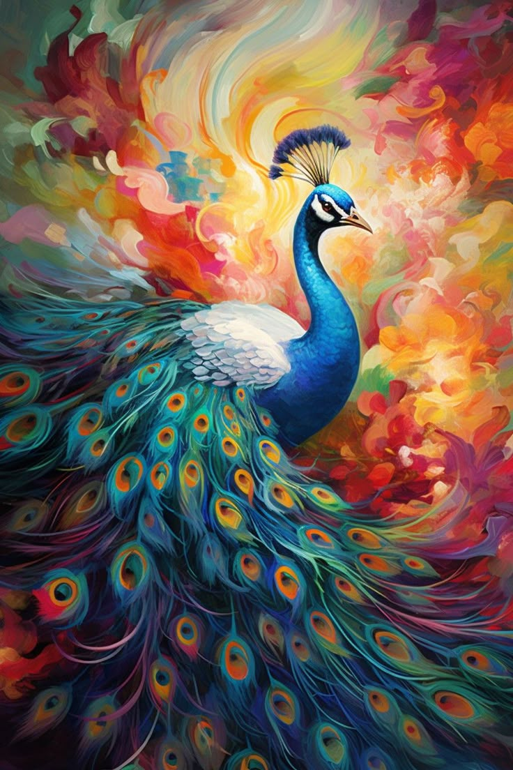 a painting of a peacock with colorful feathers on it's tail, and the colors are