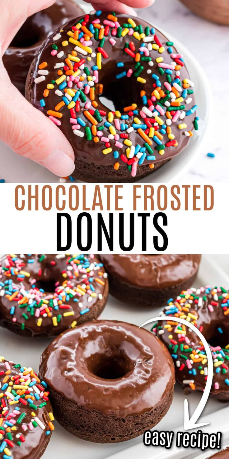 chocolate frosted donuts with sprinkles are on a white platter