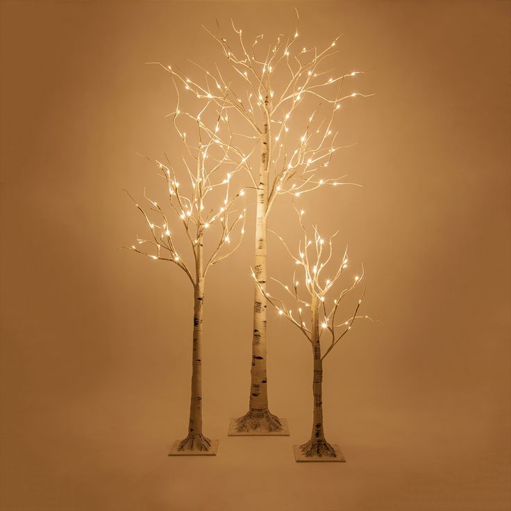 two small trees with white lights on them in front of a brown background, one is lit up and the other has no leaves