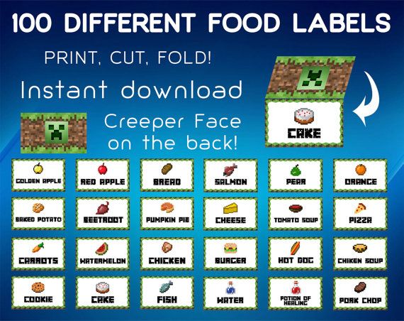 an image of some food labels on a blue background with the words, print out fold instant