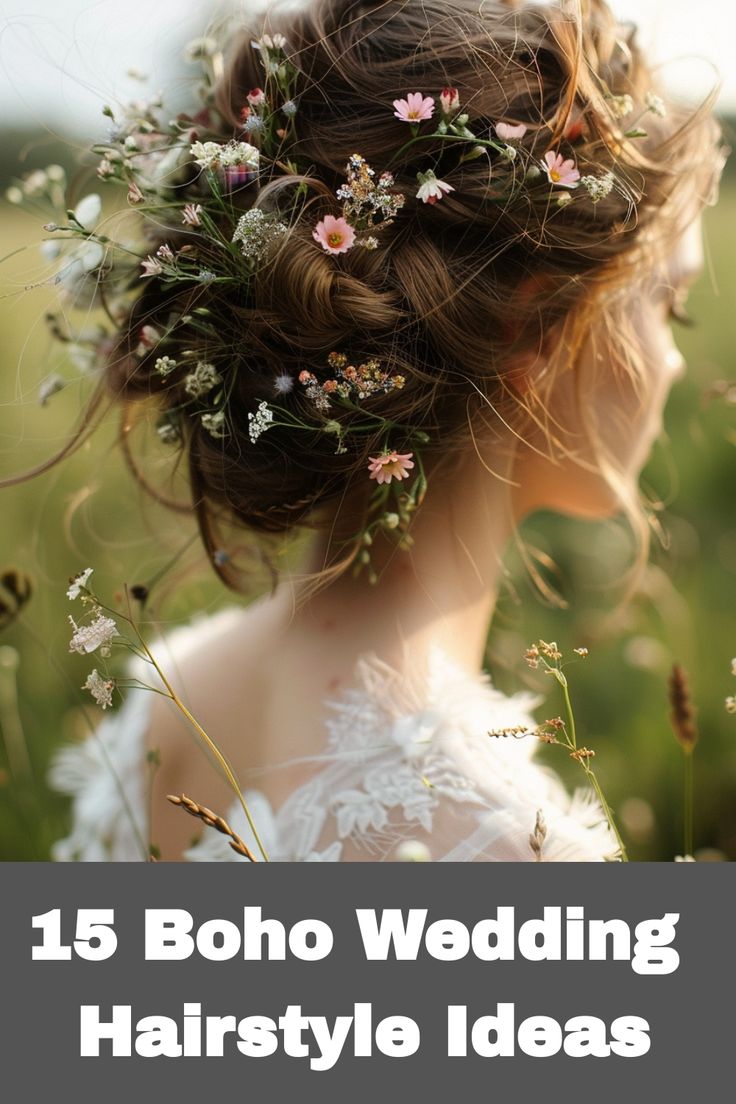 a woman with flowers in her hair and the words 15 boho wedding hairstyle ideas