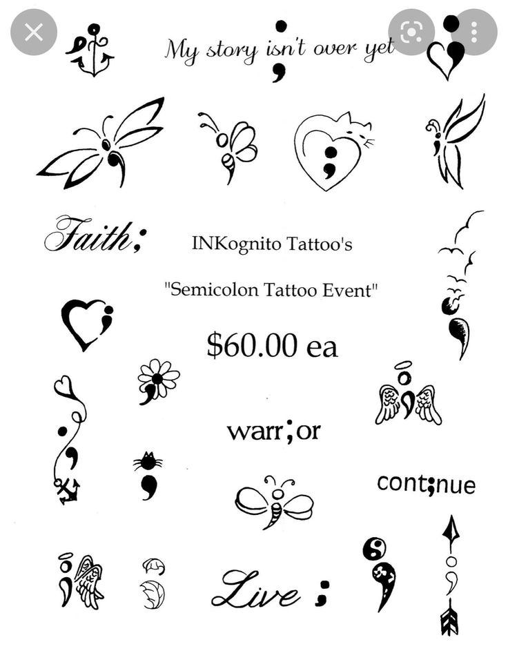 some tattoos that are on the back of a white sheet with black lettering and hearts