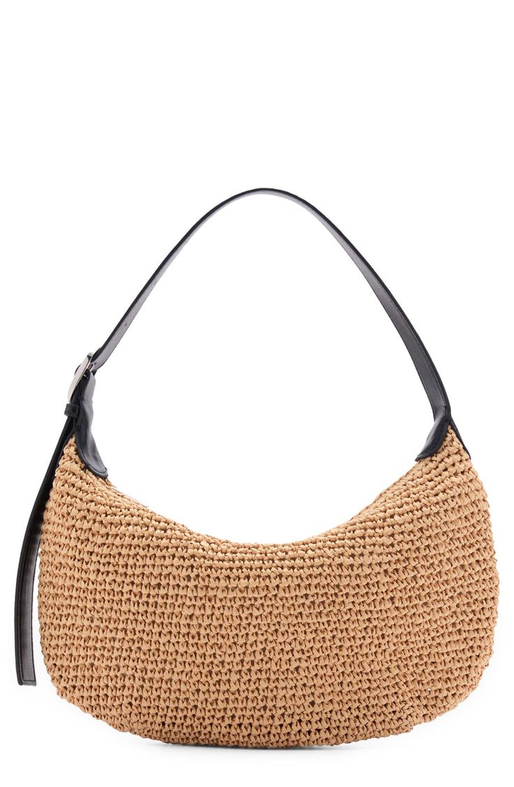 Braided straw brings a summery vibe to this compact bag topped with a faux-leather shoulder strap. Top zip closure Adjustable shoulder strap Paper straw/synthetic Imported Modern Beige Straw Bag With Adjustable Strap, Spring Straw Crossbody Shoulder Bag, Modern Summer Straw Satchel Bag, Modern Summer Satchel Straw Bag, Chic Summer Woven Hobo Bag, Trendy Summer Hobo Bag With Adjustable Strap, Modern Summer Shoulder Bag With Leather Handles, Chic Summer Hobo Bag With Top Handle, Summer Beige Baguette Tote Bag