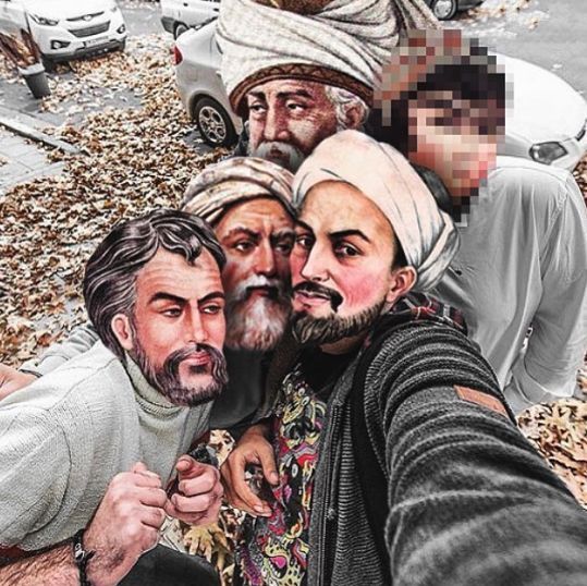 two men are taking a selfie in front of a car and another man is wearing a turban