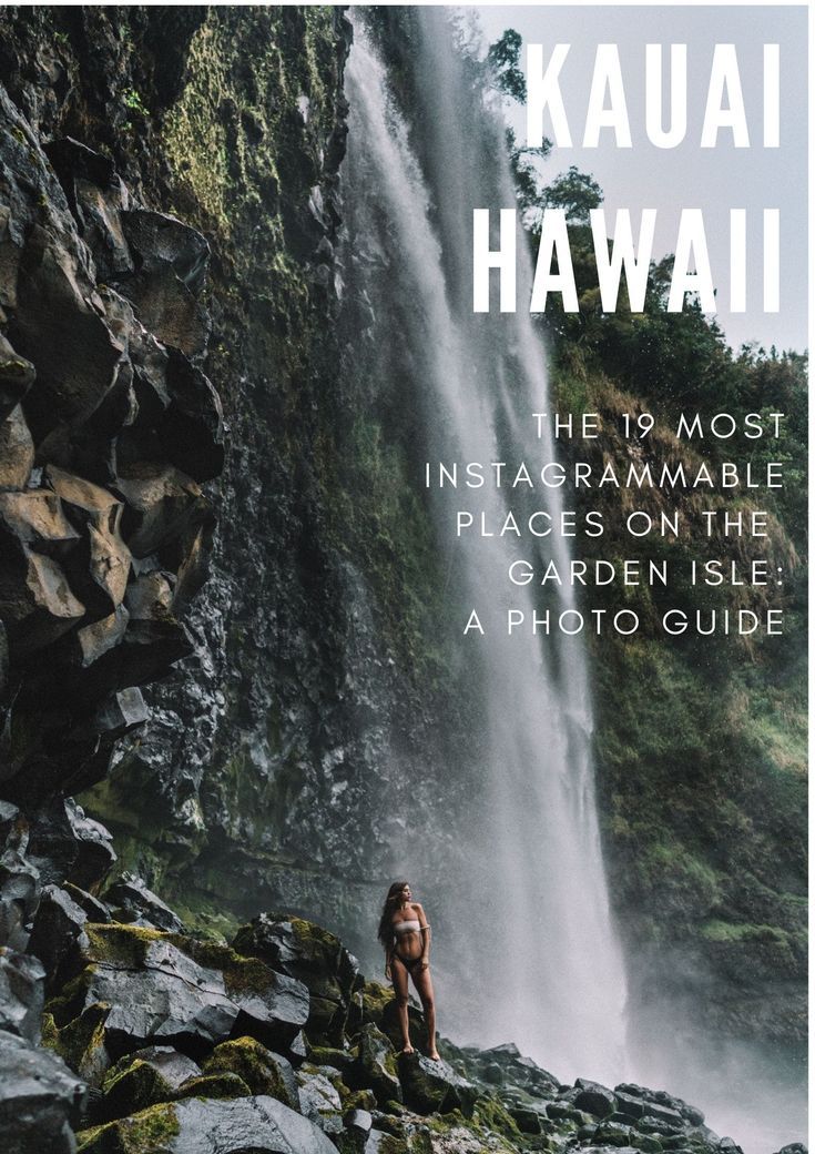 a woman standing in front of a waterfall with the words kauai hawaii on it