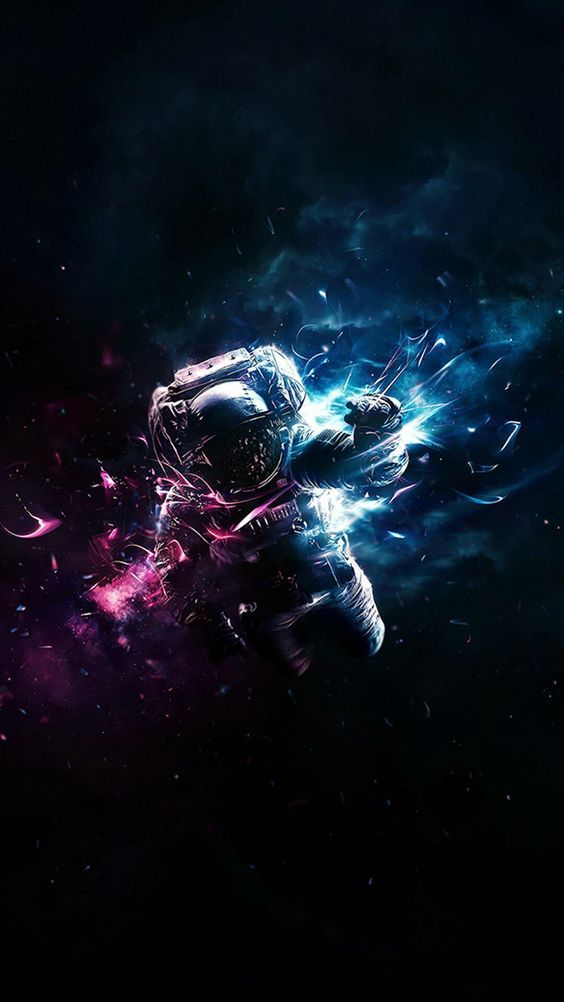 an astronaut floating in space surrounded by blue and pink lights, with the earth visible behind him