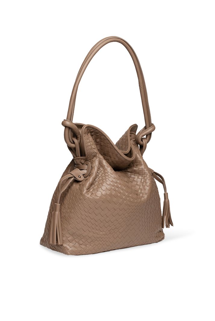 Hand-woven nappa leather bag with one leather handle. Features one side zip pocket and two side flat pockets. Made in Italy. DIMENSIONS Height: 26 cm / 10"Width: 31 cm / 12"Depth: 12 cm / 5" Elegant Woven Leather Hobo Bag For Daily Use, Elegant Woven Leather Hobo Bag For Travel, Modern Woven Leather Bucket Bag With Double Handle, Elegant Woven Leather Hobo Tote Bag, Elegant Woven Leather Hobo Bag With Top Handle, Modern Formal Hobo Bag With Braided Handles, Elegant Hobo Bag With Braided Handles, Modern Leather Shoulder Bag With Intrecciato Weave, Leather Handheld Shoulder Bag With Intrecciato Weave