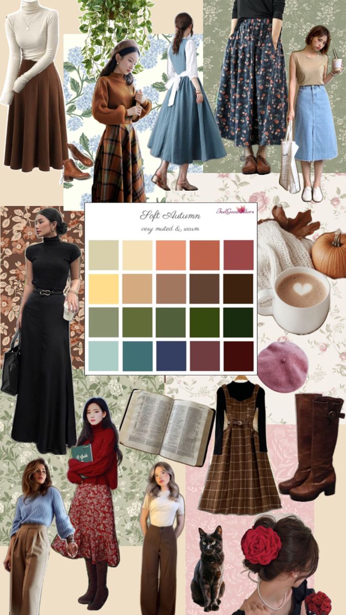 Soft/Muted Autumn Collage Soft Autumn Style Fashion, Soft Autumn Christmas Outfit, Soft Autumn Outfits For Winter, Outfits For Autumn Skin Tone, Soft Autumn Soft Natural, Soft Autumn Outfits For Summer, Autumn Muted Color Palette, Muted Autumn Outfit, Soft Autumn Winter Outfits