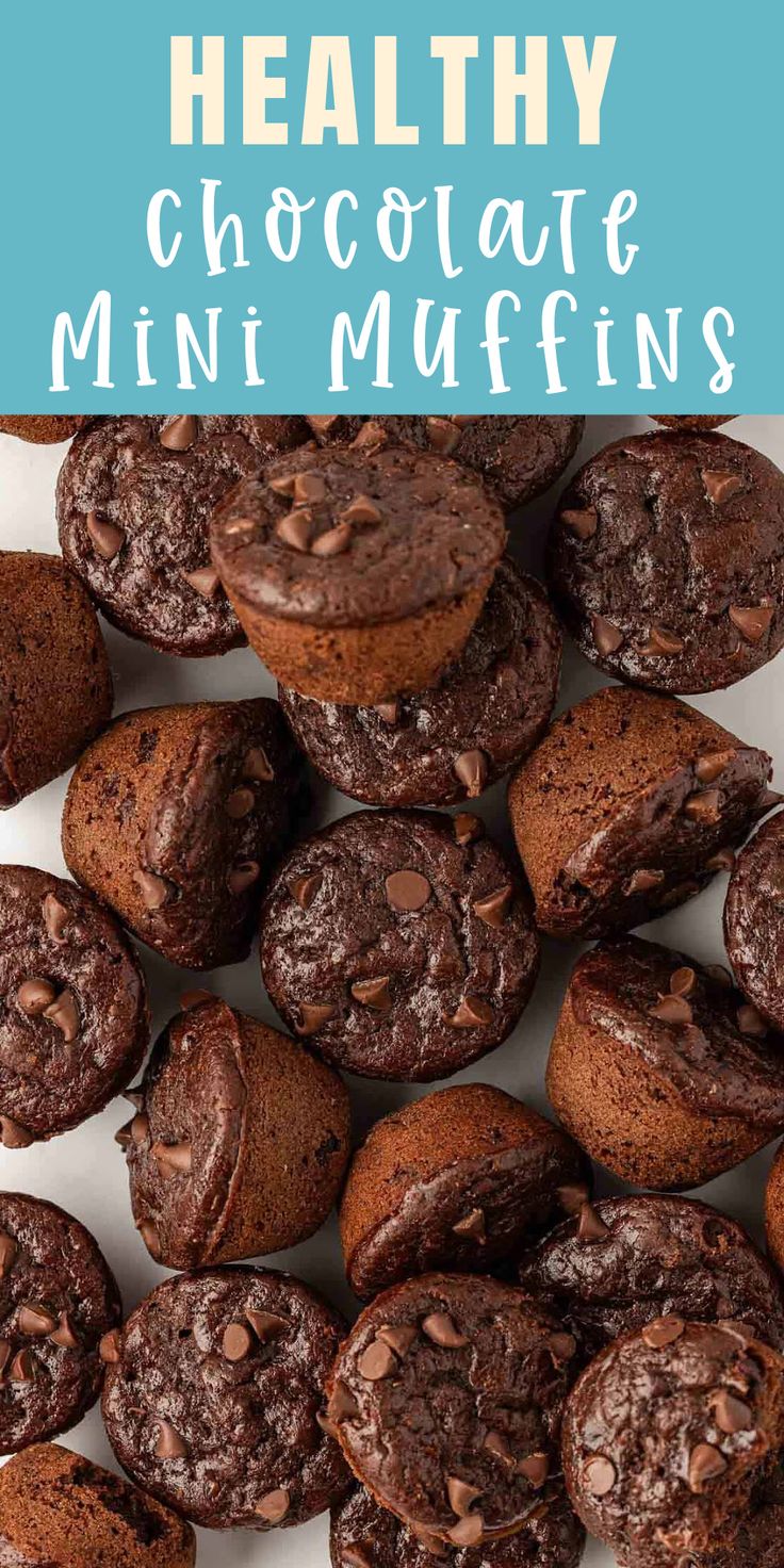 healthy chocolate mini muffins on a plate with text overlay that says healthy chocolate mini muffins