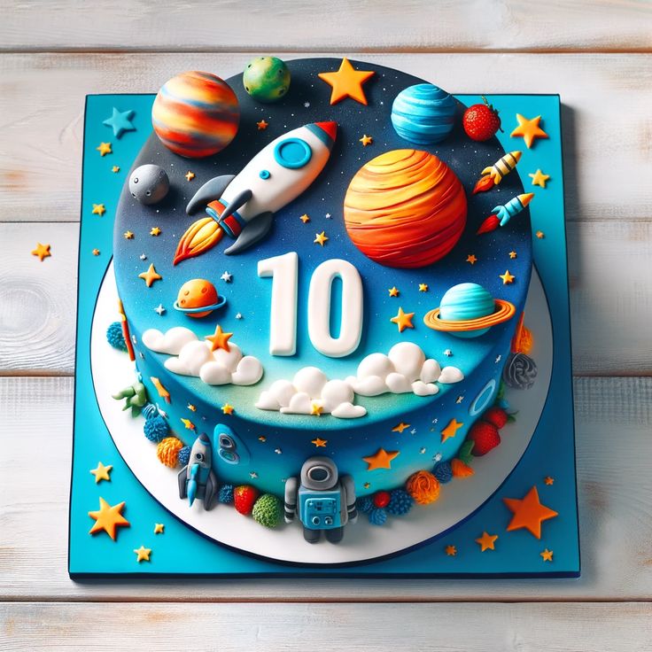 a birthday cake with an image of the number ten on it and space themed decorations