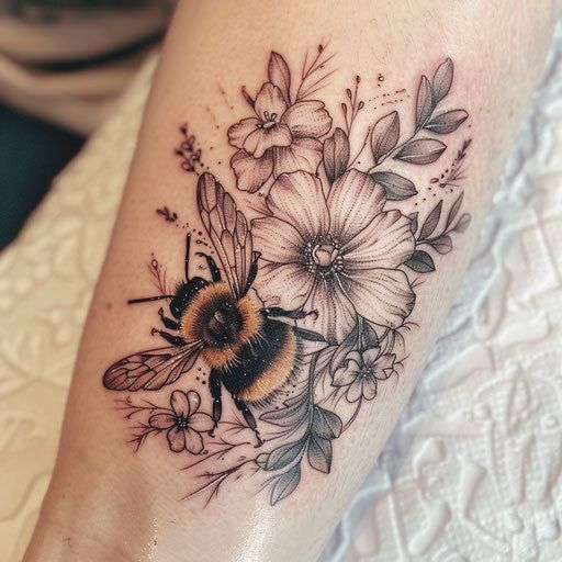 Vibrant Bumble Bee Tattoo Master Files Flower Garden Arm Tattoo, Bee Filler Tattoo, Flowers Bees And Butterfly Tattoo, Flowers With Bees Tattoo, Honey Bee And Flower Tattoo, Bee Tattoo Shoulder, Autumn Flower Tattoo, Colored Bee Tattoo, Minimal Color Tattoo