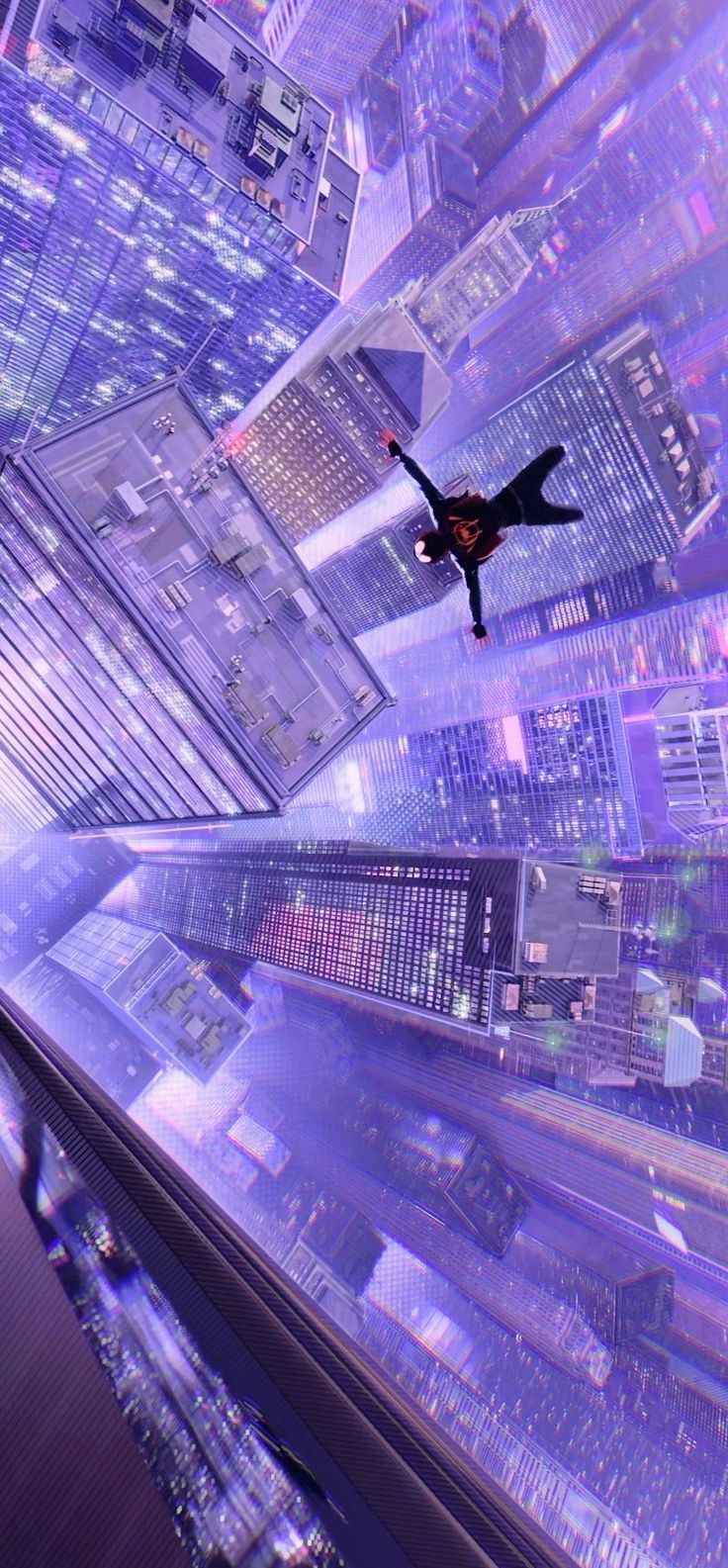 a man flying through the air on top of a tall building in a futuristic city