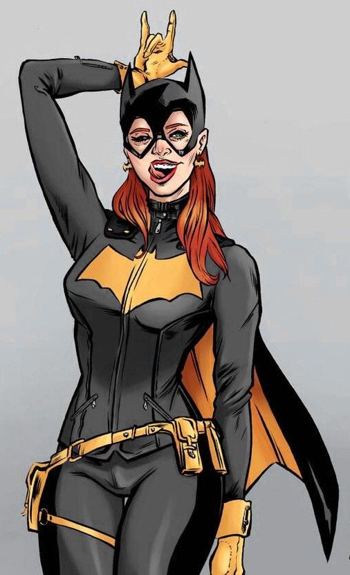 a drawing of a woman dressed as batgirl with her hands on her head and one hand in the air