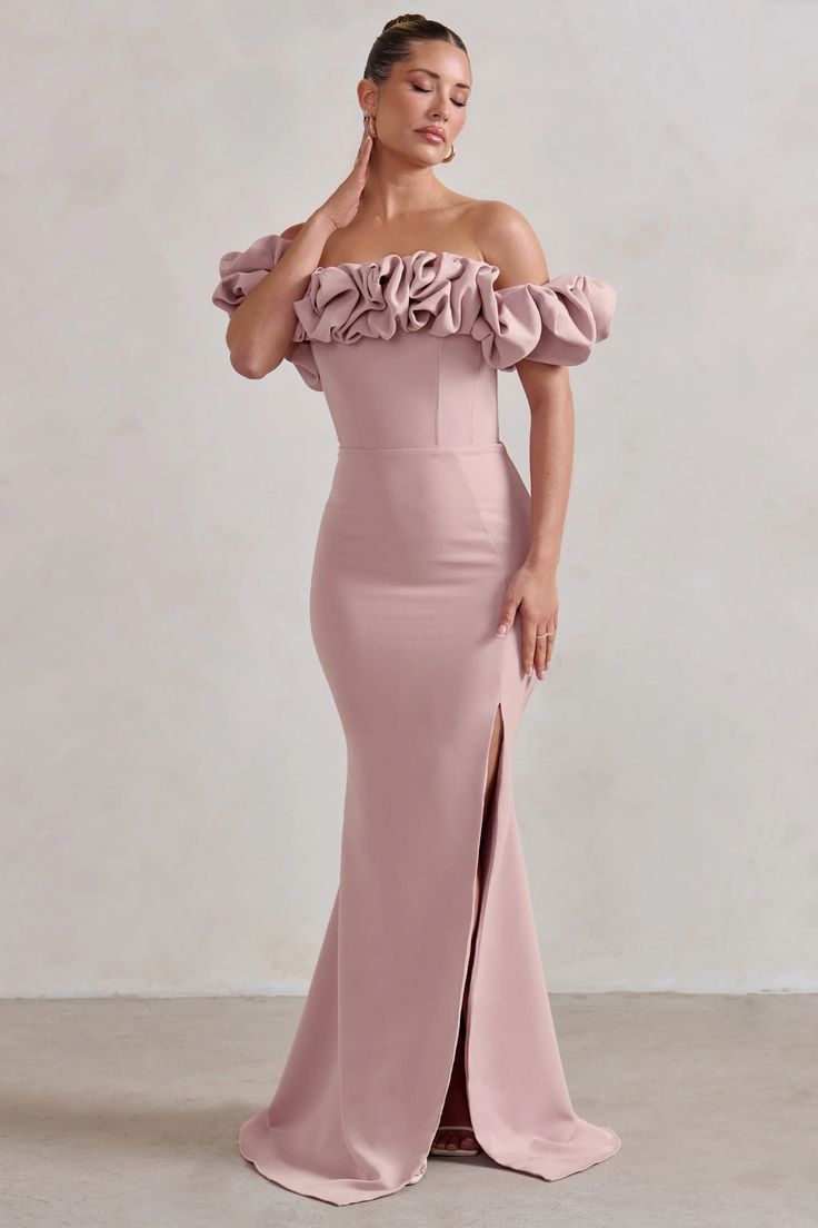 Esmeralda | Blush Pink Structured Statement Bardot Maxi Dress Wedding Shoes Bride, Boned Bodice, Black Dress Prom, Black Tie Gala, Short Sleeve Maxi Dresses, Christmas Party Dress, Black Velvet Dress, Stretch Crepe, Maxi Dress With Sleeves