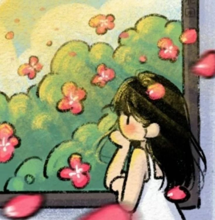 the girl is looking at her reflection in the mirror and falling petals are all around her