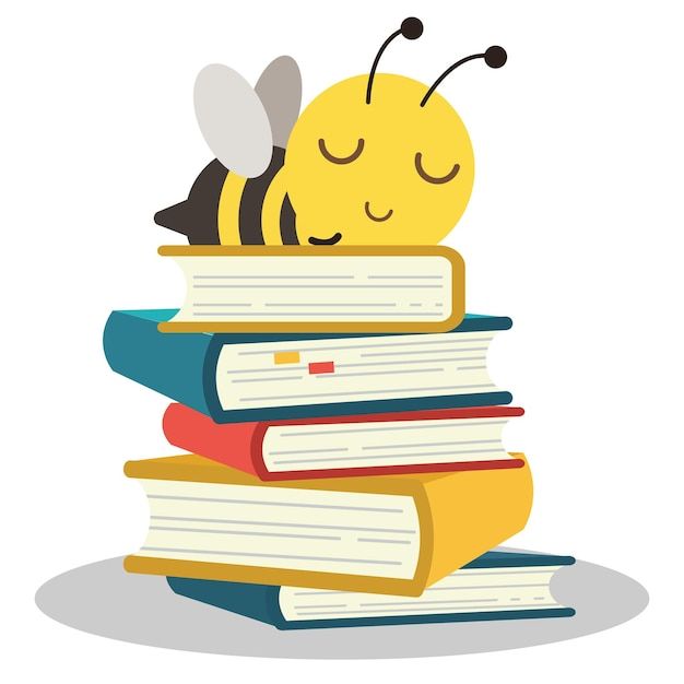 a bee sitting on top of books with its head resting on it's back