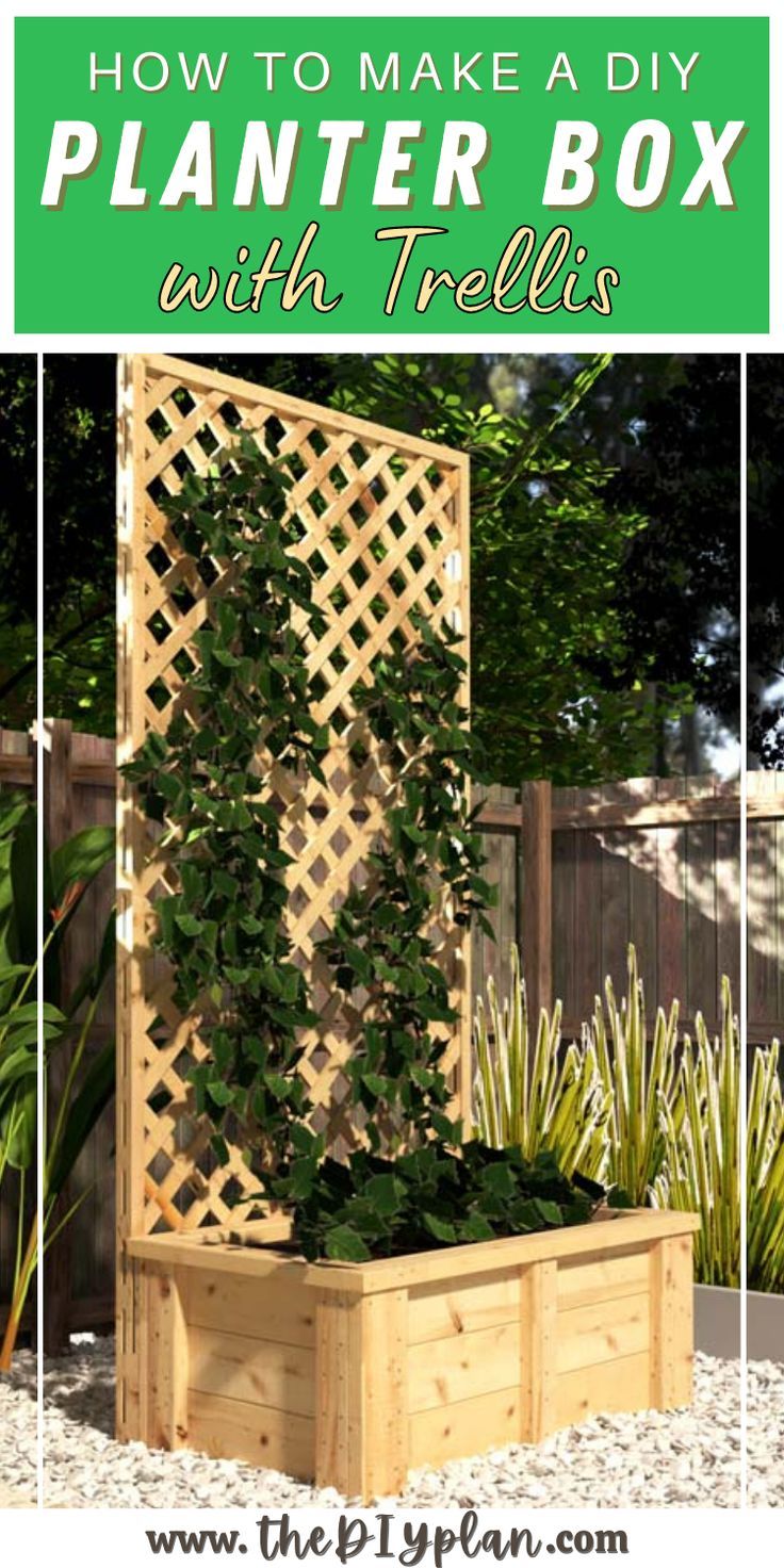 a wooden planter box with plants growing in it and text overlay that reads how to make a diy planter box with trelliss