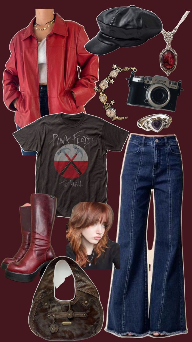 a woman wearing red jacket, jeans and boots next to a purse with other items on it