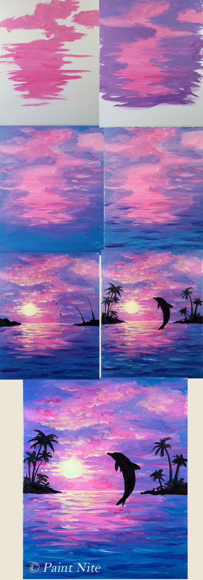 four different paintings of birds flying over the ocean at sunset, with palm trees in the background