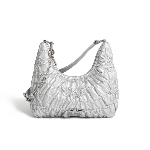 Silvery Shoulder Commuter Handbag Luxury Nylon Bag With Detachable Handle, Luxury Nylon Shopping Bag, Silver Shoulder Bag With Top Carry Handle For Travel, Silver Top Handle Bag For Travel, Silver Satchel Shoulder Bag With Top Carry Handle, Luxury Nylon Bags For Daily Use, Silver Bags With Detachable Strap For On-the-go, Silver Tote Shoulder Bag With Top Carry Handle, Silver Bags With Top Carry Handle For Daily Use