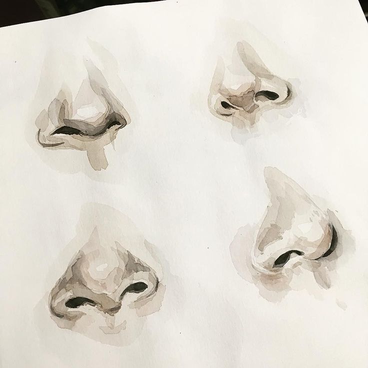 three different angles of the nose and eyes of a person's face, drawn in watercolor on paper