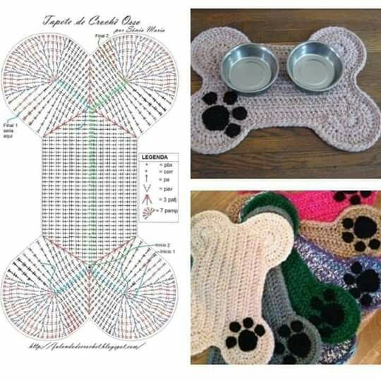 crocheted dog paw rug with two bowls on top and the pattern for it