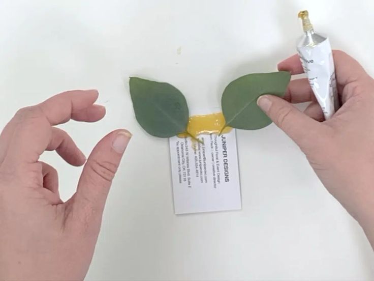 two hands are holding small pieces of paper with leaves attached to them