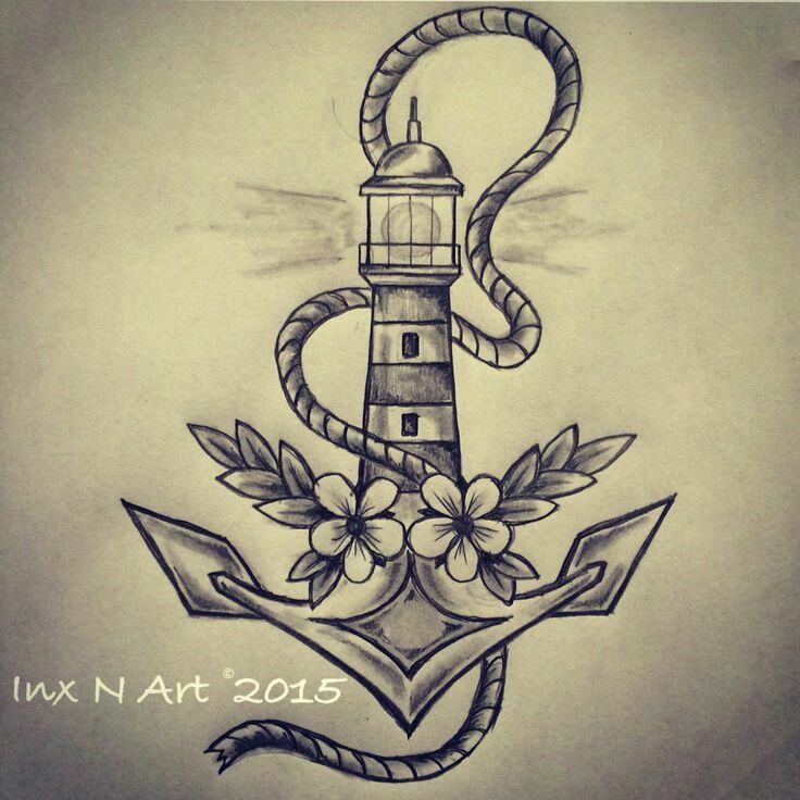 a drawing of an anchor with flowers and a lighthouse