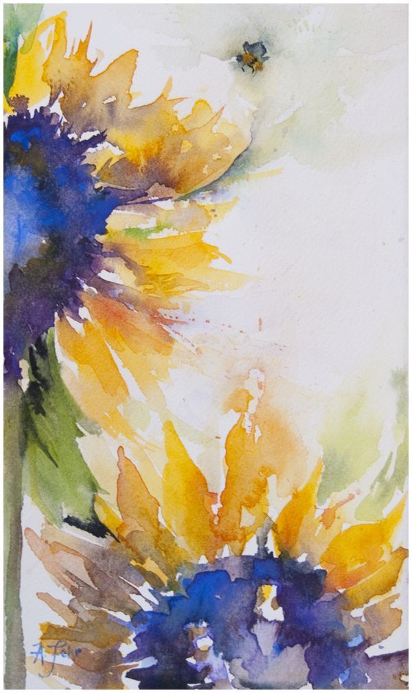 watercolor painting of sunflowers in blue and yellow