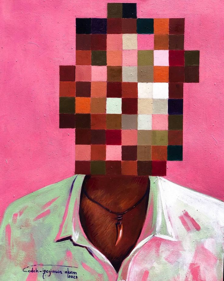 a painting of a man's head with multiple squares on top of his head