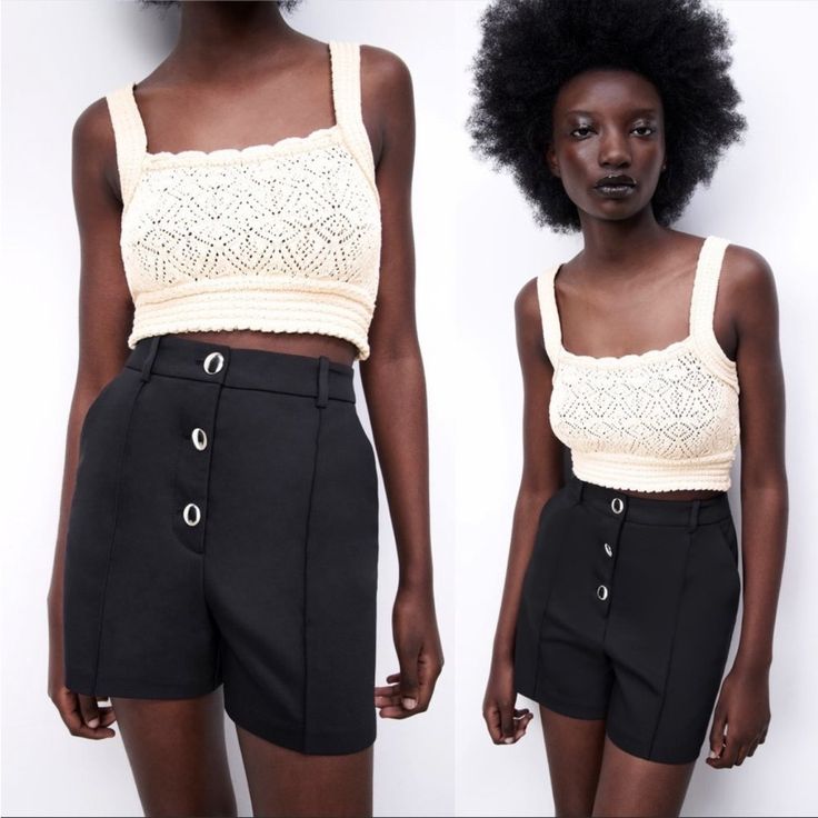 Nwt Zara High-Waist Bermudas Shortswith Buttons Black Small High Waisted Bloggers Fav Gold Button High Waisted Black Trousers, Black Bermuda Shorts, Zara Trousers, Zara Gold, Black High Waisted Shorts, Beige Shorts, Ripped Denim Shorts, Black Jean Shorts, Zara Shorts