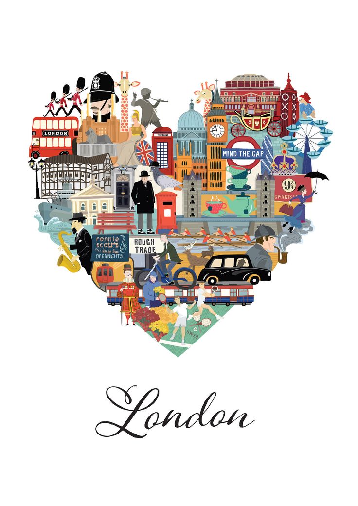 a heart shape with the words london written in black and white, surrounded by many different types