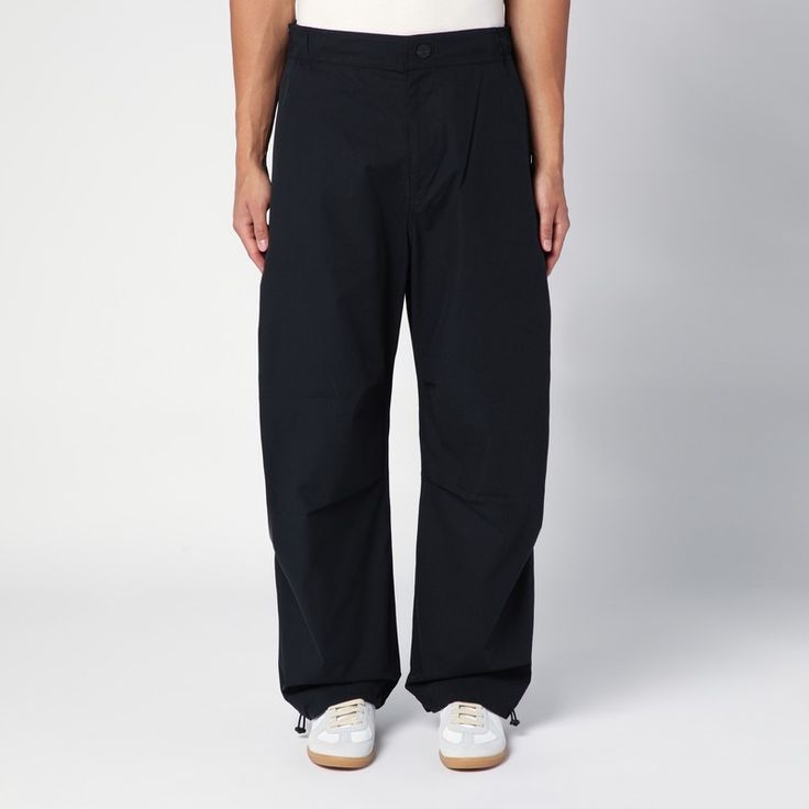 Black cotton wide trousers from Studio Nicholson featuring an elasticated waistband, a front button fastening, two side welt pockets, a back patch pocket with flap and a drawstring at the leg bottom. Studio Nicholson, Wide Trousers, Pleated Trousers, Wide Jeans, Tshirt Skirt, Back Patch, Denim Trousers, Cropped Trousers, Trouser Suits