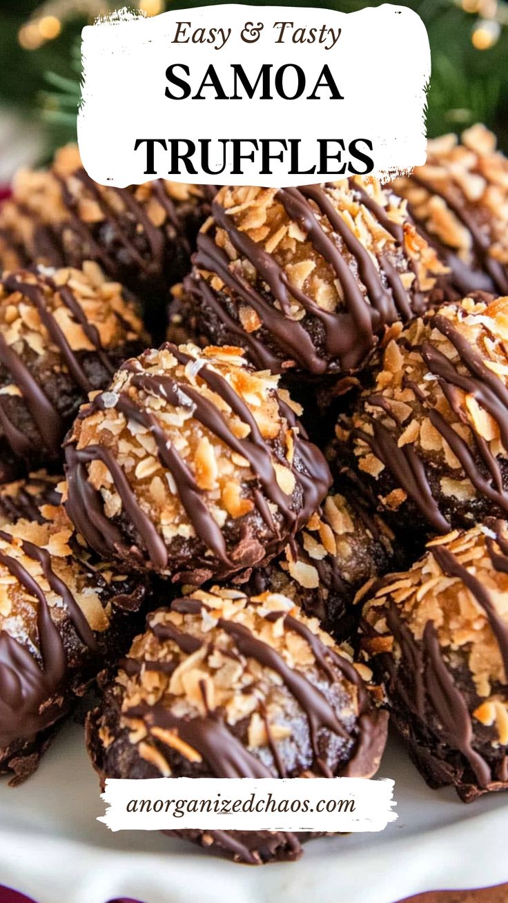 chocolate covered cookies on a white plate with the words easy and tasty samoa truffles